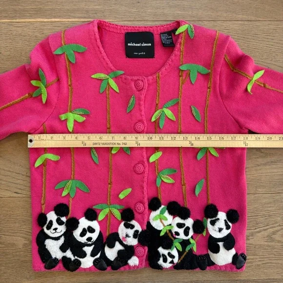 Michael Simon Vintage Panda Bamboo Pink Cardigan Sweater Womens Small Novelty 3D - Picture 8 of 10